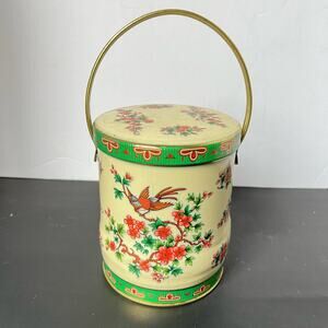 Vintage Dane Handled Collectible Tin w/ Bird & Floral 9" X 4 1/2" England